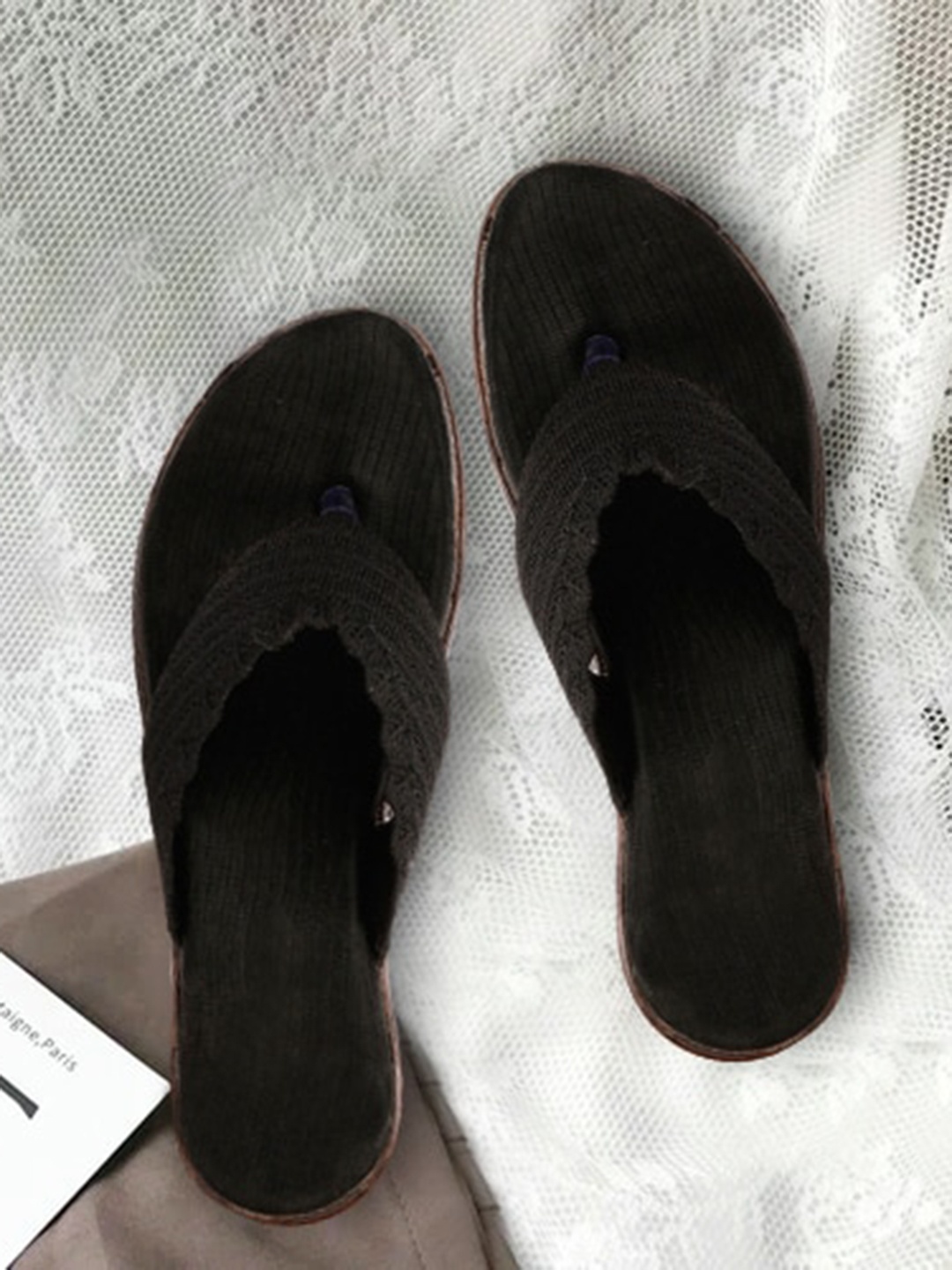 

AROOM Woven Design T-Strap Flats, Black