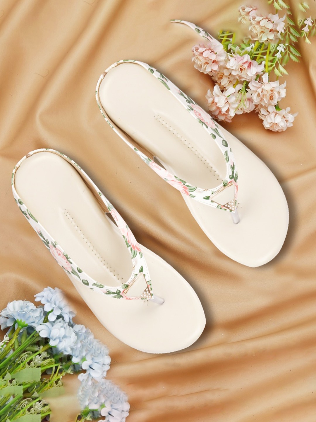 

AROOM Printed T-Strap Flats, Cream
