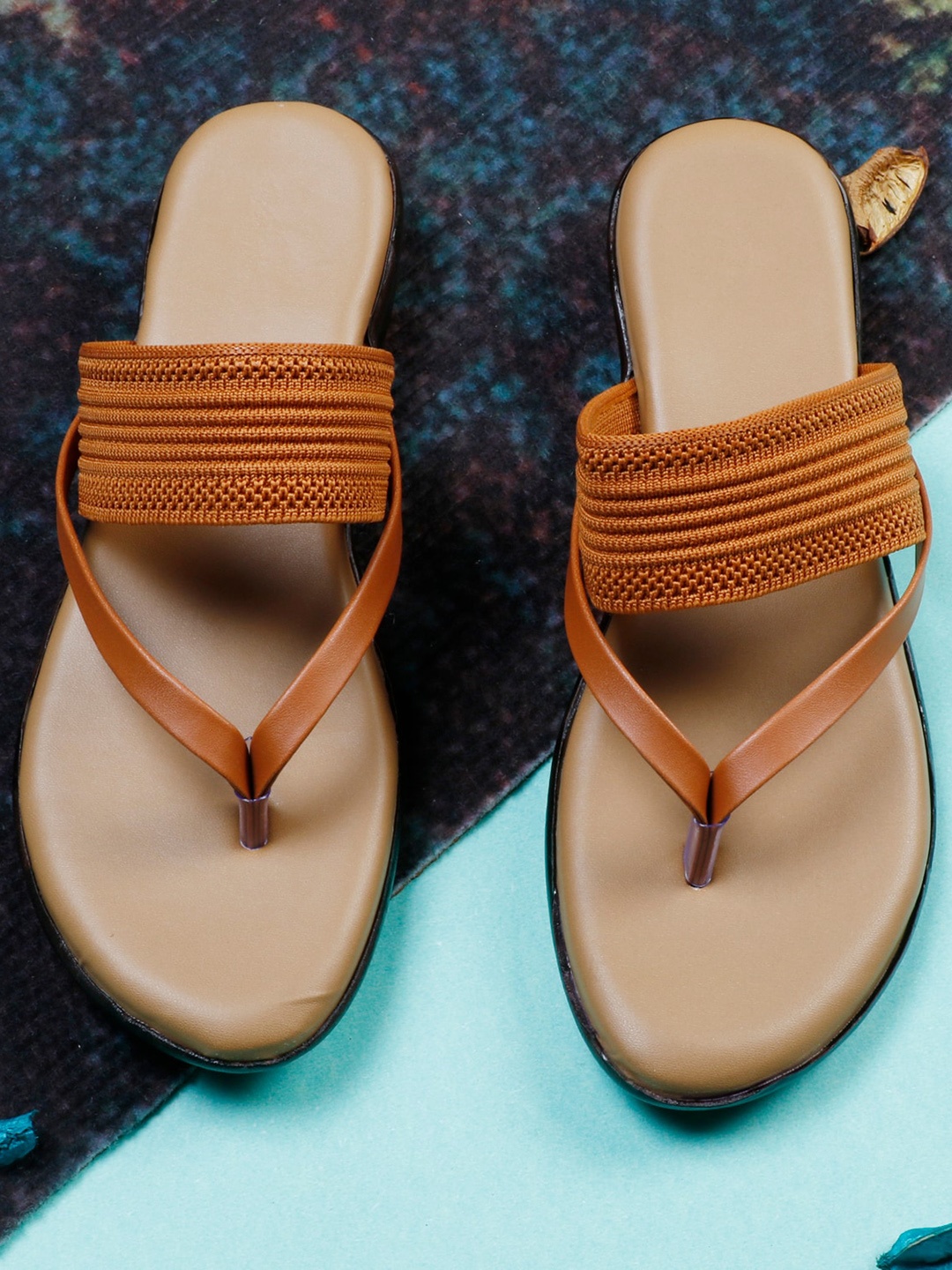 

AROOM Woven Design T-Strap Flats, Tan