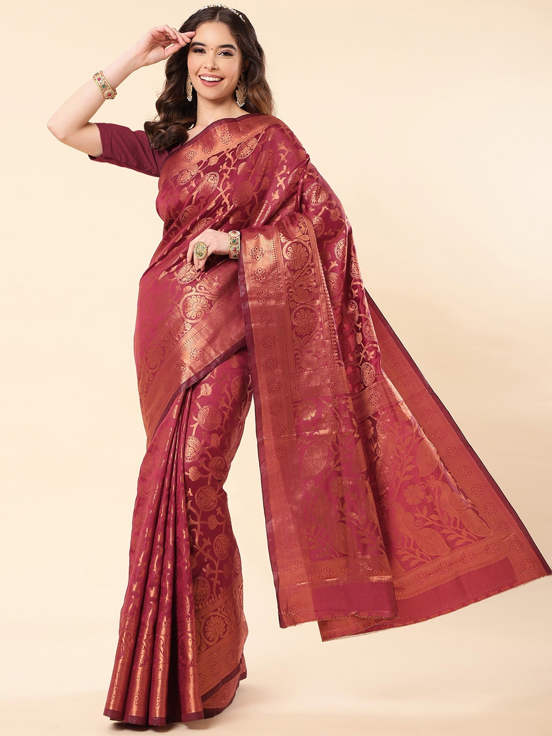 

TEREZA Ethnic Motif Woven Design Zari Pure Silk Kanjeevaram Saree, Maroon