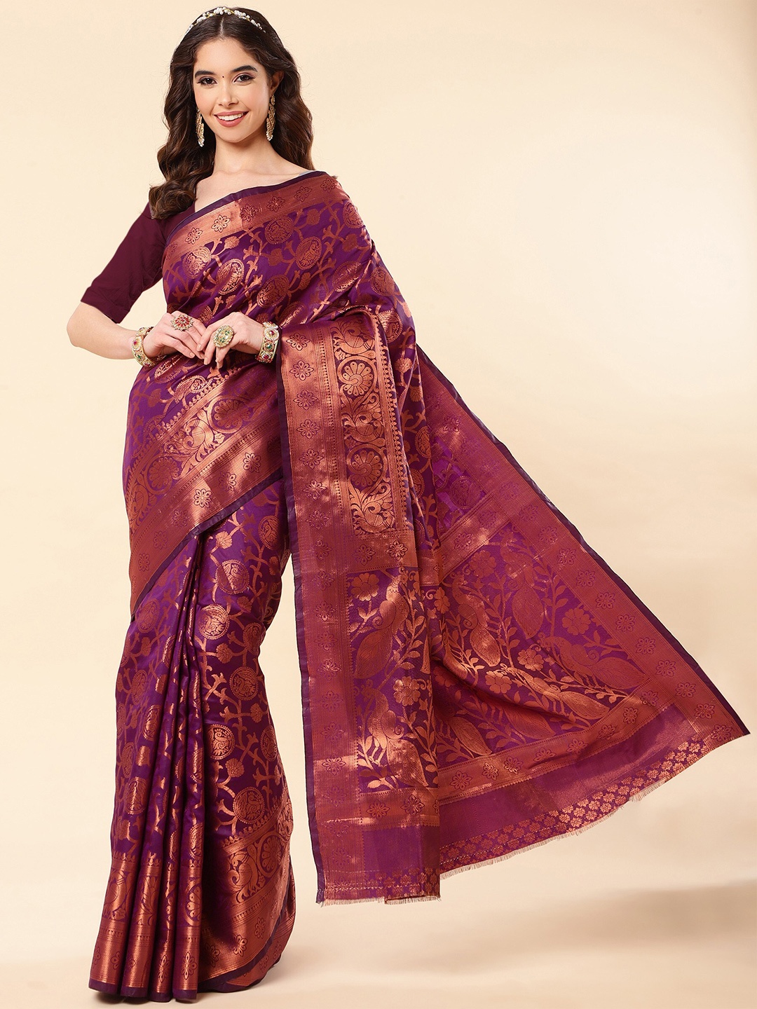 

TEREZA Ethnic Motif Pure Silk Kanjeevaram Zari Saree With Blouse Piece, Purple