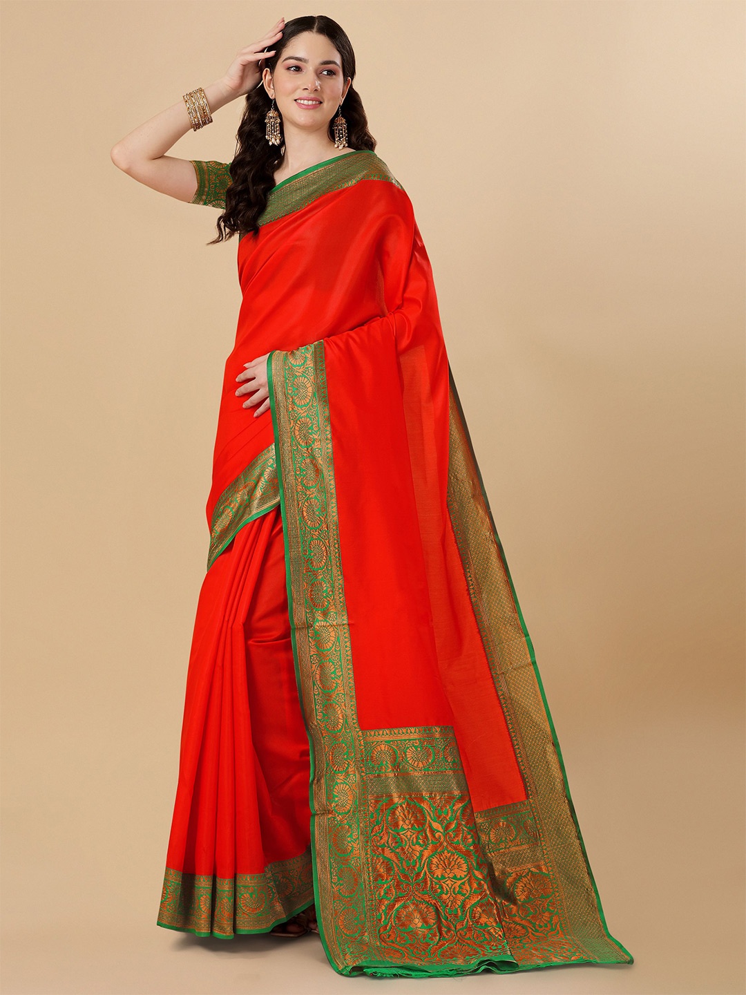 

TEREZA Zari Pure Silk Kanjeevaram Saree, Red
