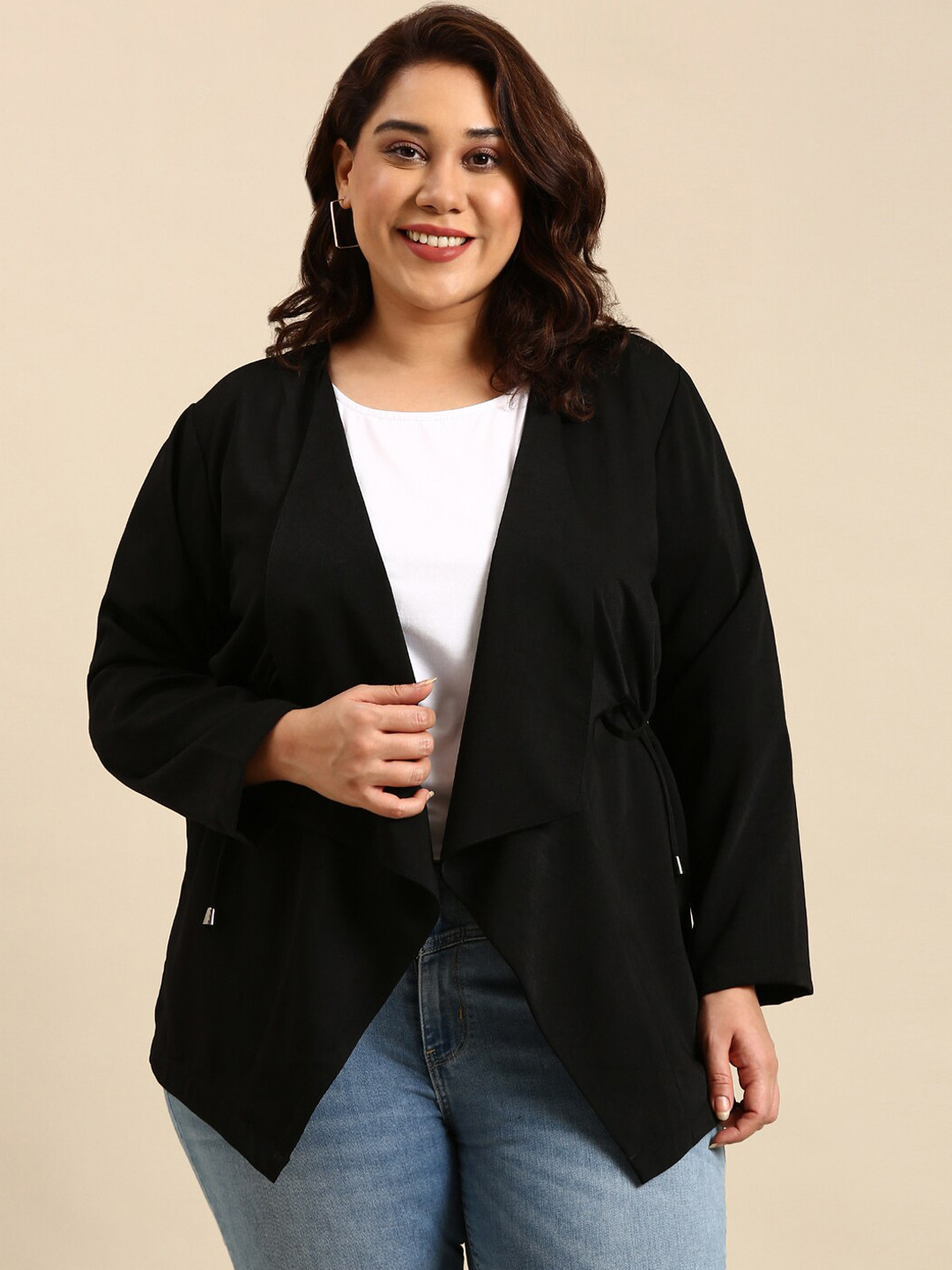 

The Pink Moon Women Plus Size Longline Pure Cotton Bomber With Embroidered Jacket, Black