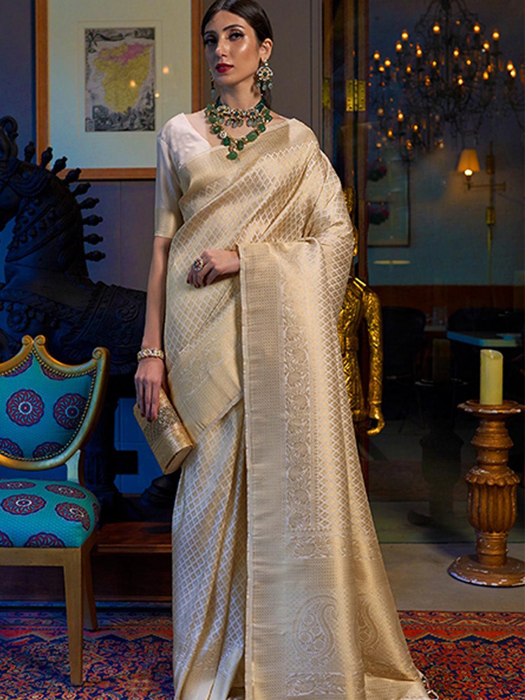 

ODETTE Woven Design Zari Kanjivaram Saree, Gold