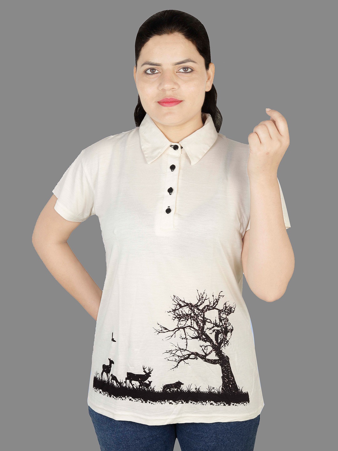 

REZZY Graphic Printed Cotton Shirt Style Top, White