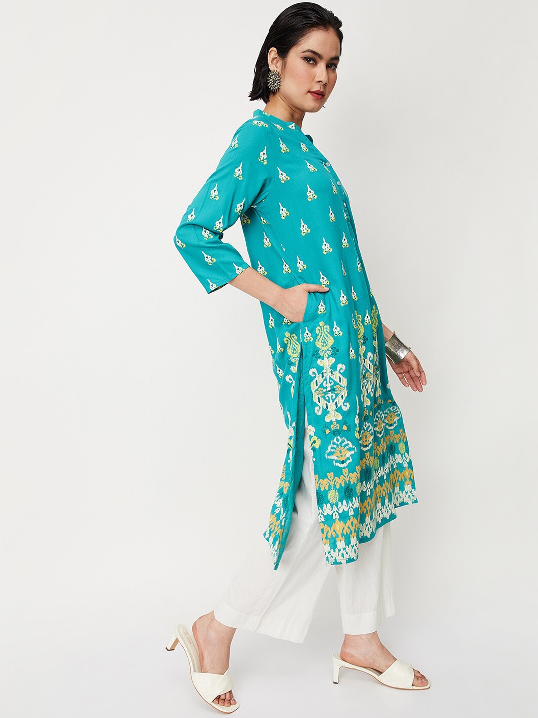 

max Ethnic Motifs Printed Mandarin Collar Kurta, Blue