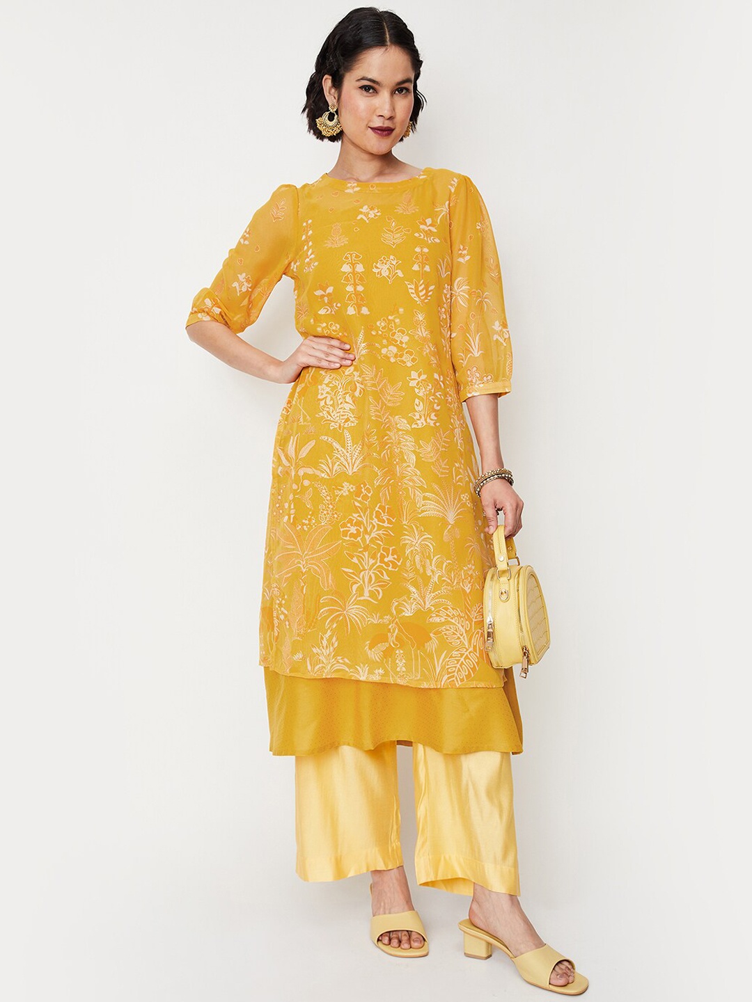 

max Floral Printed Puff Sleeves Georgette Kurta, Yellow