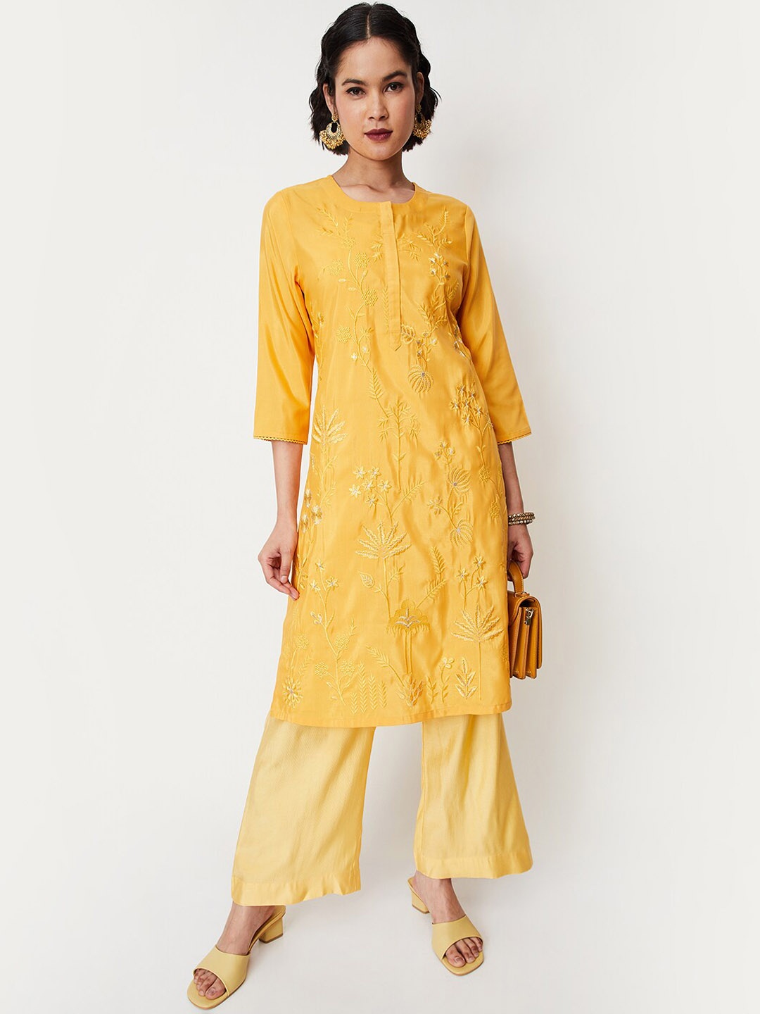 

max Floral Embroidered Thread Work Kurta, Yellow