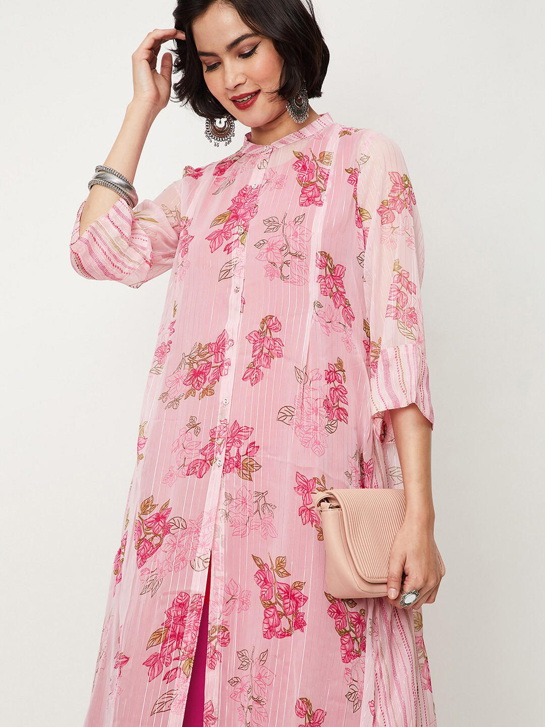 

max Floral Printed Mandarin Collar A-Line Kurta, Pink