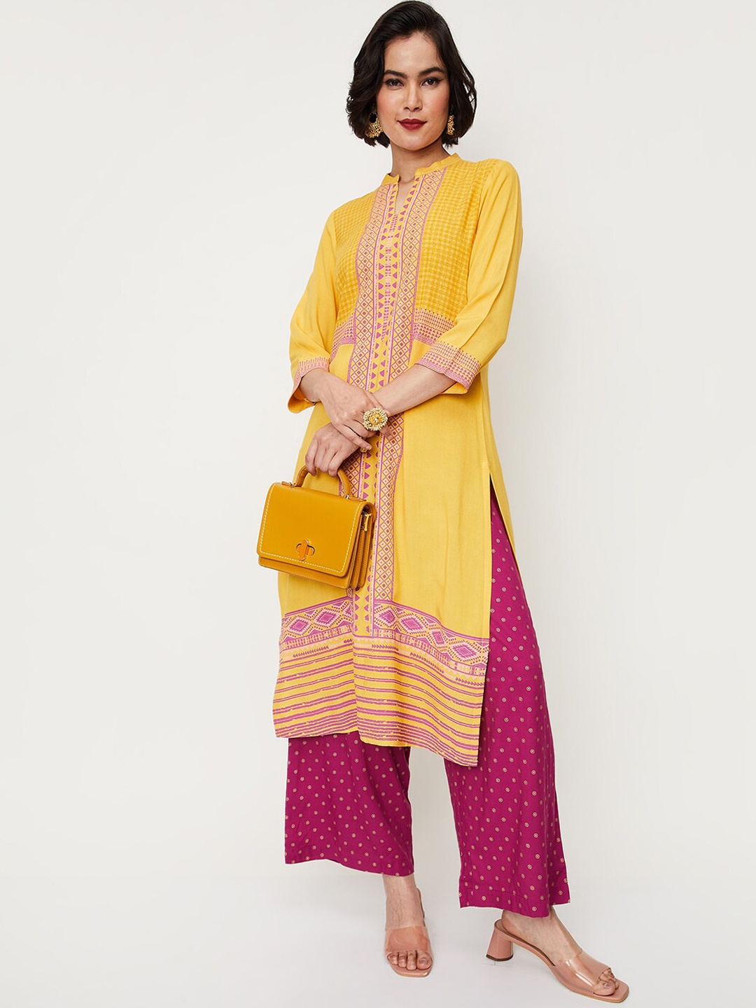 

max Geometric Printed Mandarin Collar Straight Kurta, Yellow