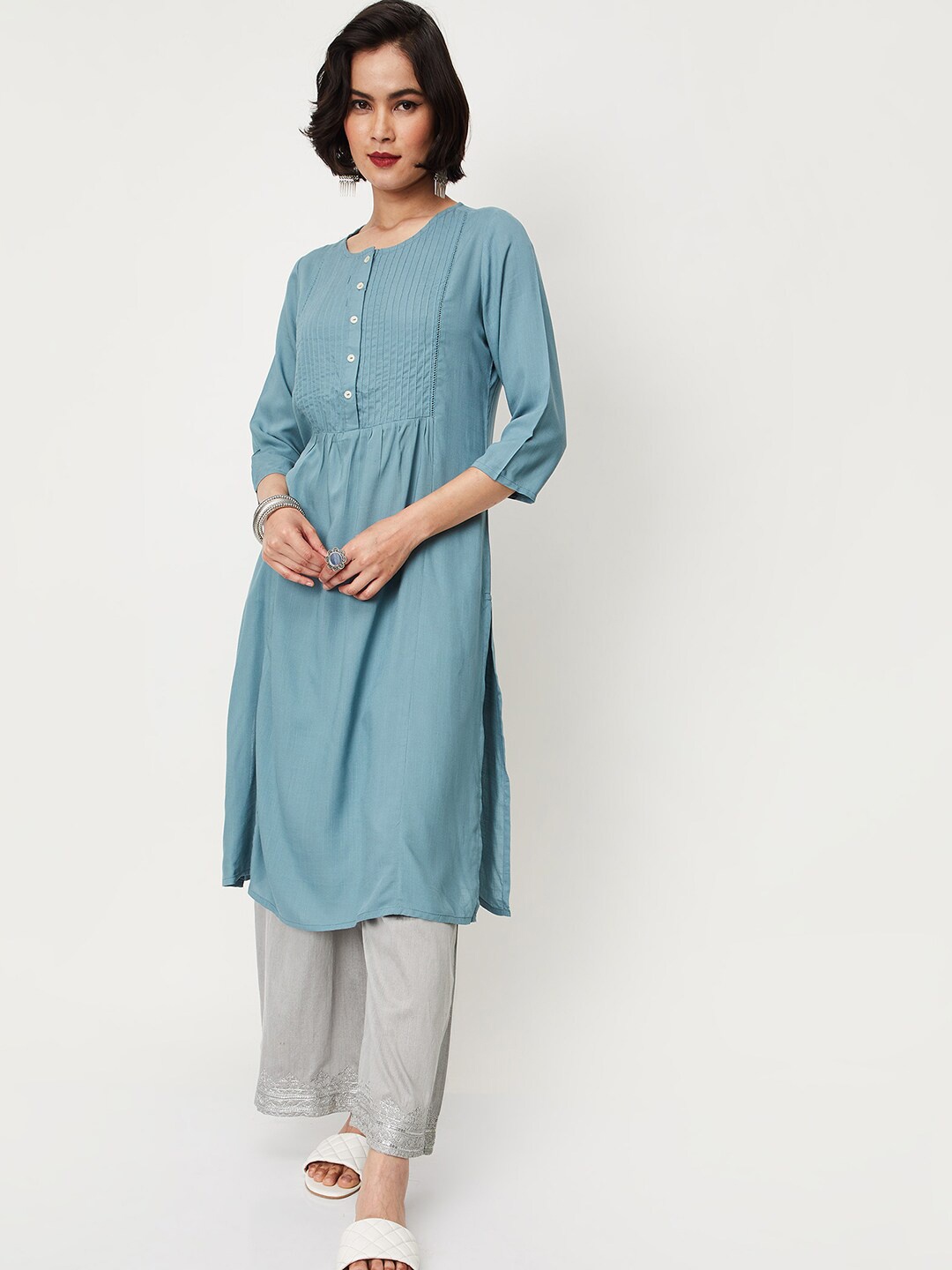 

max Round Neck Thread Work A-Line Kurta, Blue