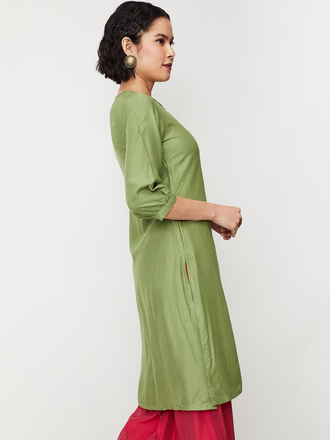 

max Woven Design Puff Sleeves Thread Work Kurta, Green