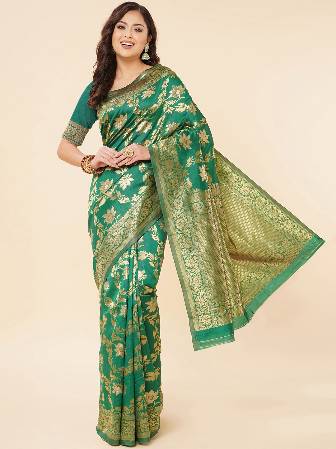 

TEREZA Foral Woven Design Zari Pure Silk Banarasi Saree, Green
