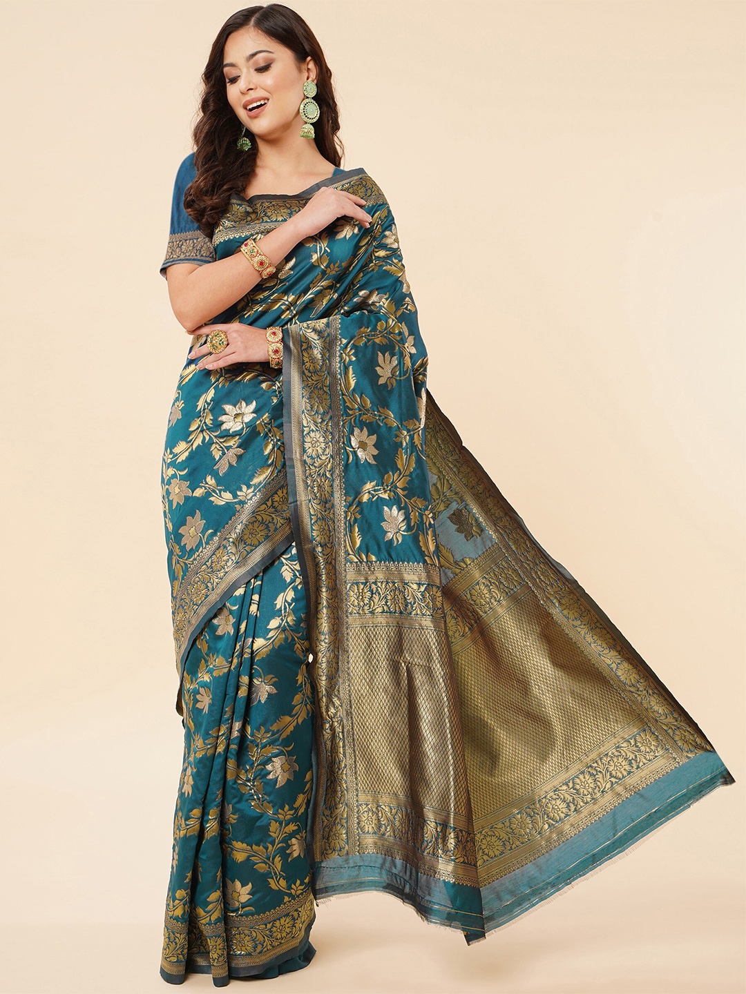 

TEREZA Floral Pure Silk Banarasi Zari Saree With Blouse Piece, Blue