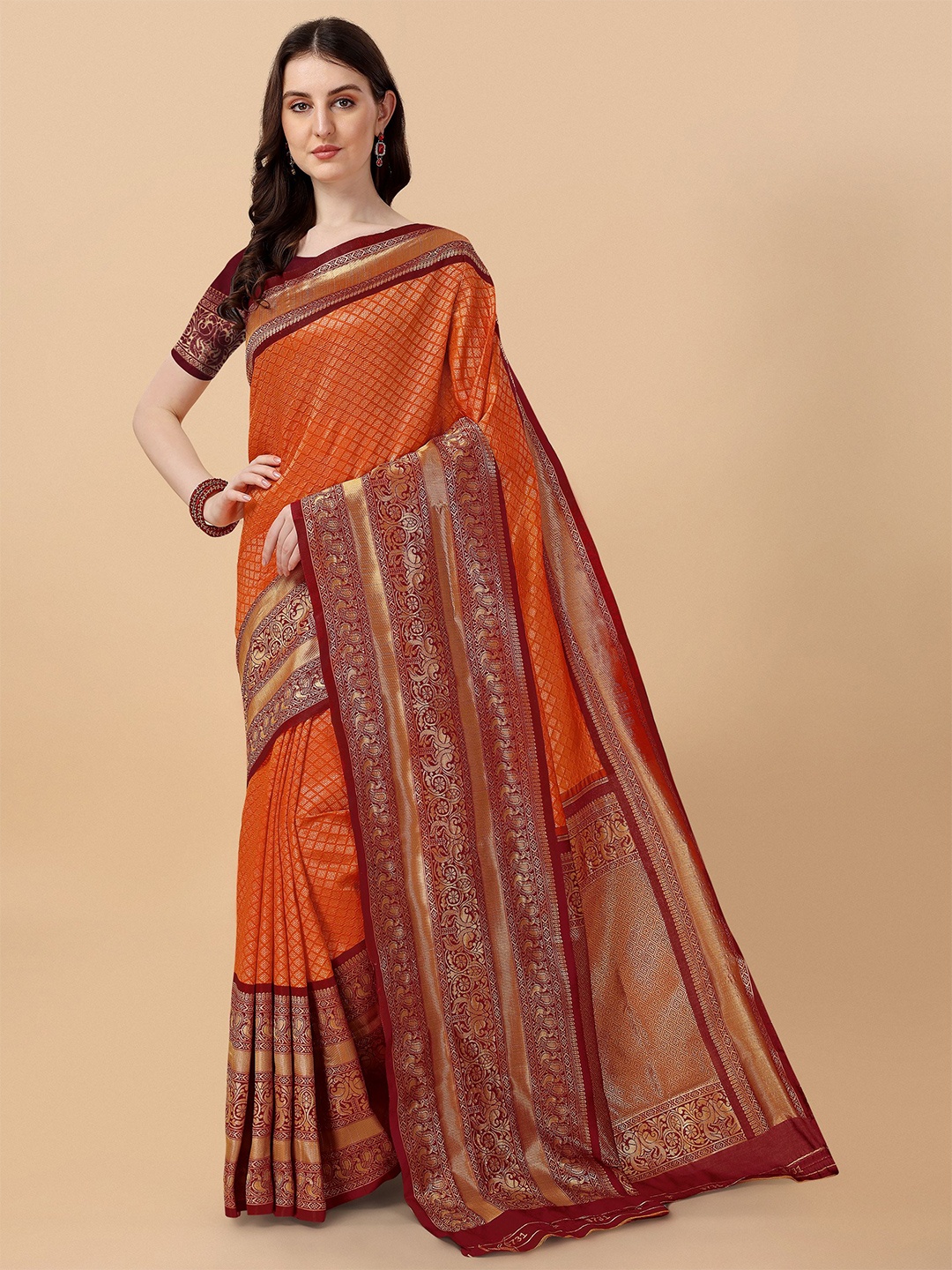 

TEREZA Ethnic Motif Woven Design Zari Pure Silk Kanjeevaram Saree, Orange