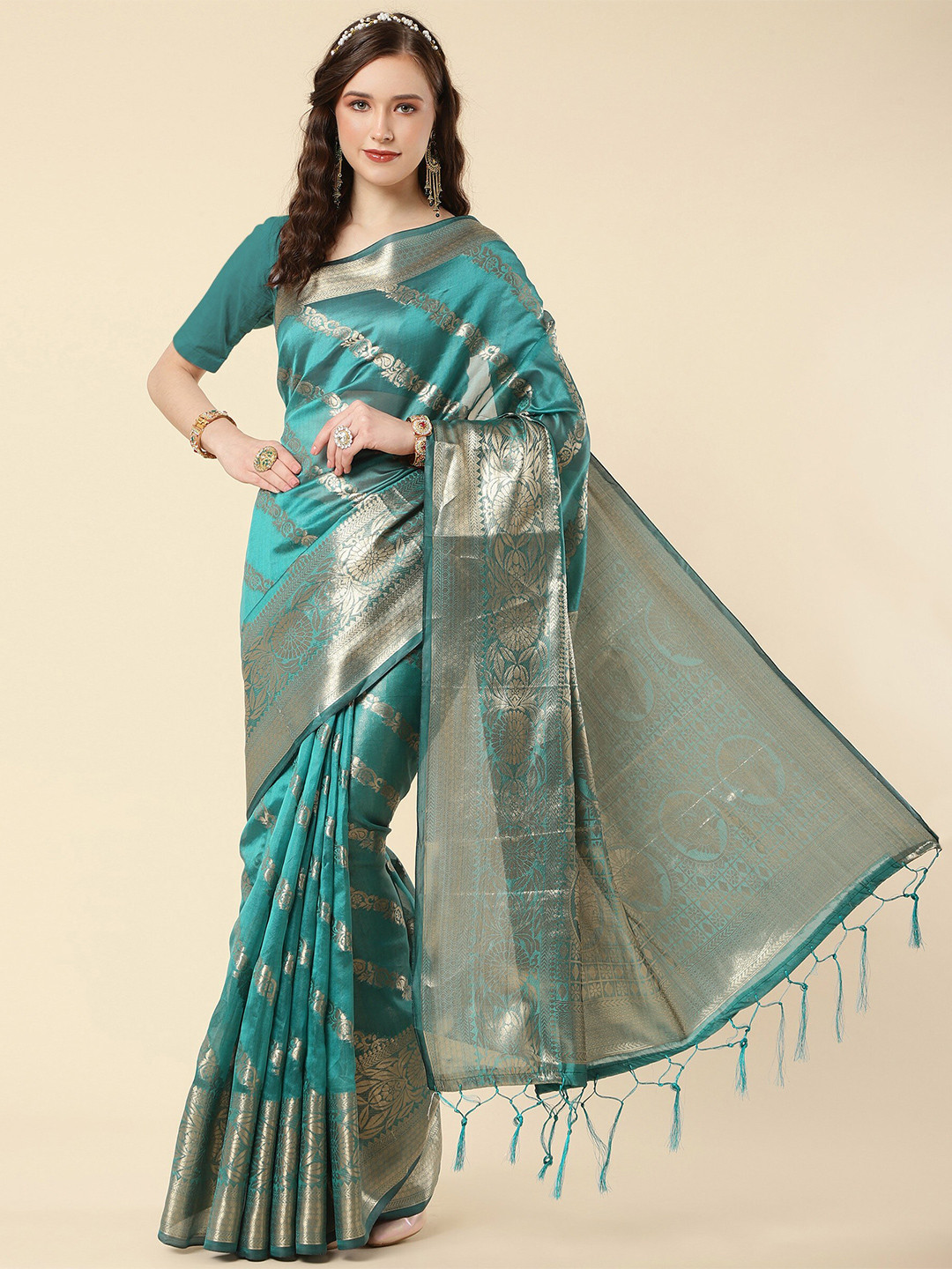

TEREZA Floral Woven Design Zari Organza Banarasi Saree, Turquoise blue