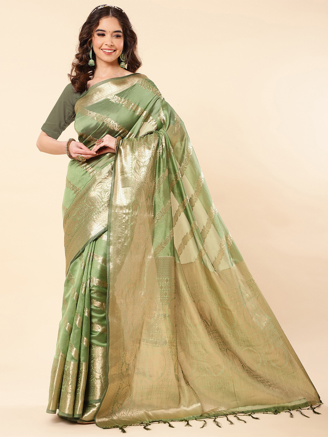 

TEREZA Floral Woven Design Zari Organza Banarasi Saree, Fluorescent green