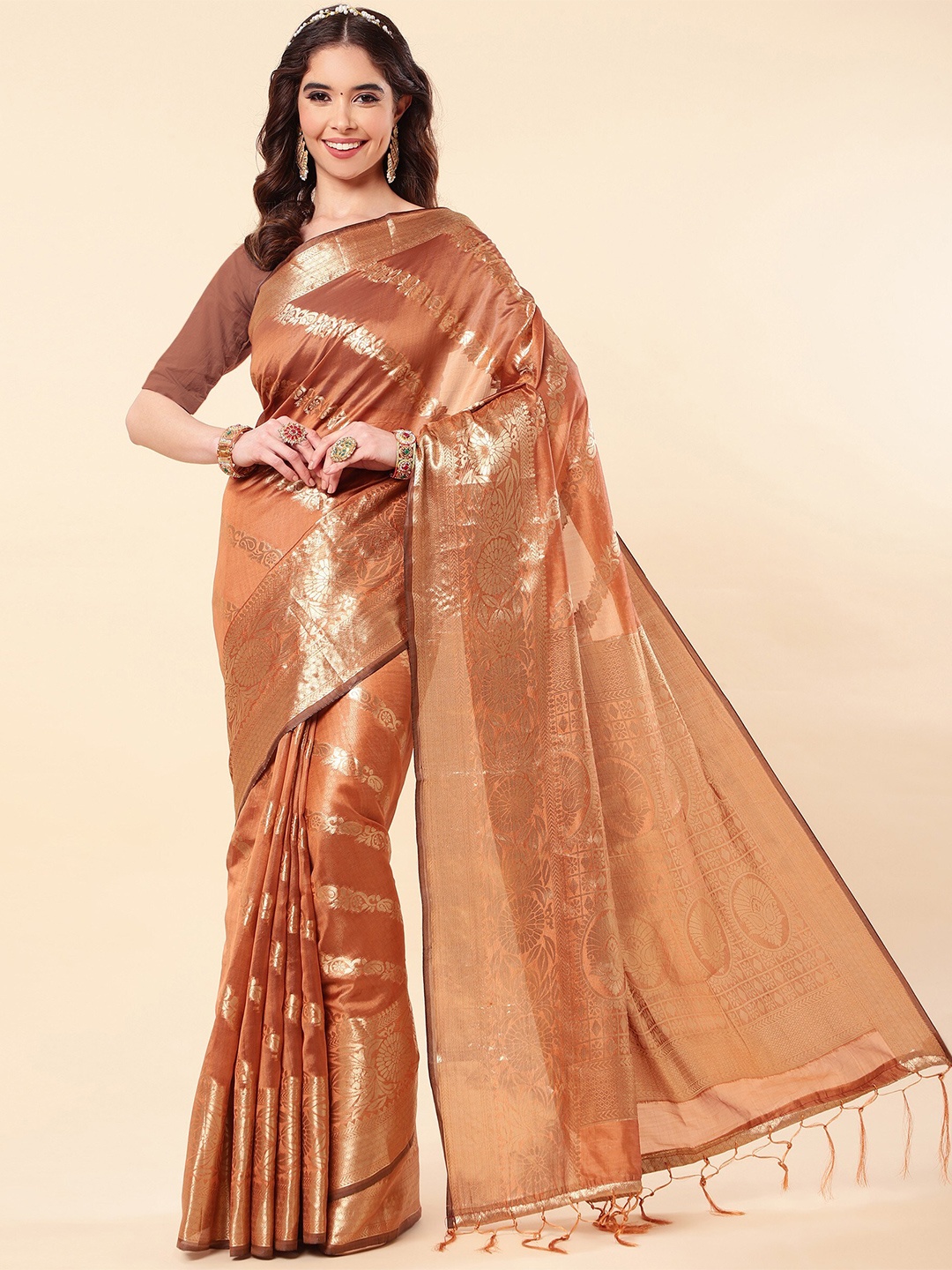 

TEREZA Woven Design Zari Organza Banarasi Saree, Brown