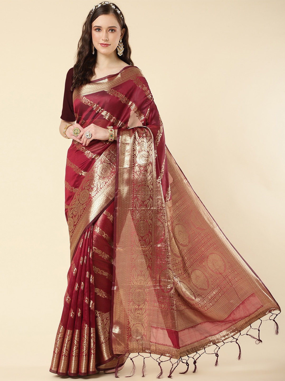 

TEREZA Woven Design Zari Organza Banarasi Saree, Maroon