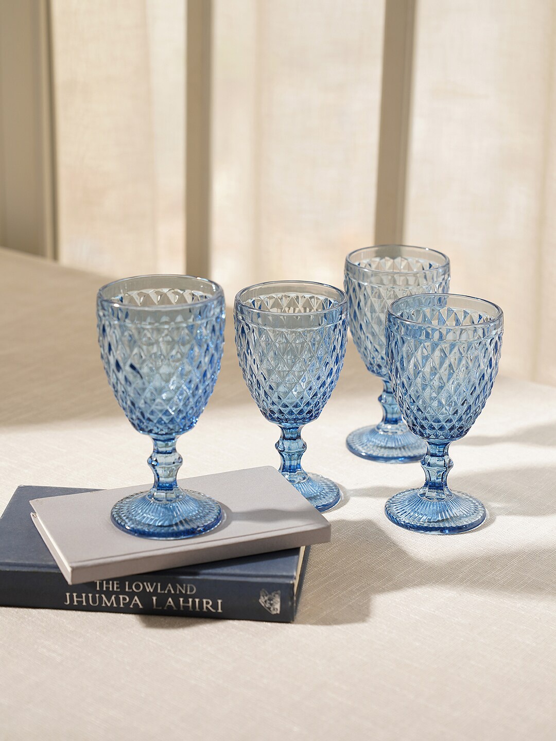 

Pure Home and Living Blue 4 Pieces Diamond Cut Textured Wine Glasses