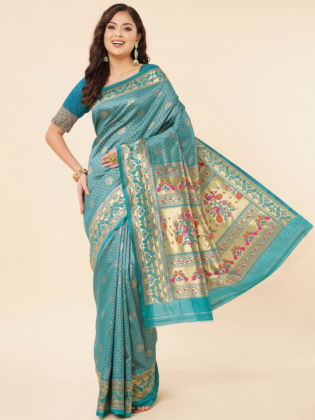 

TEREZA Ethnic Motif Woven Design Zari Pure Silk Paithani Saree, Turquoise blue