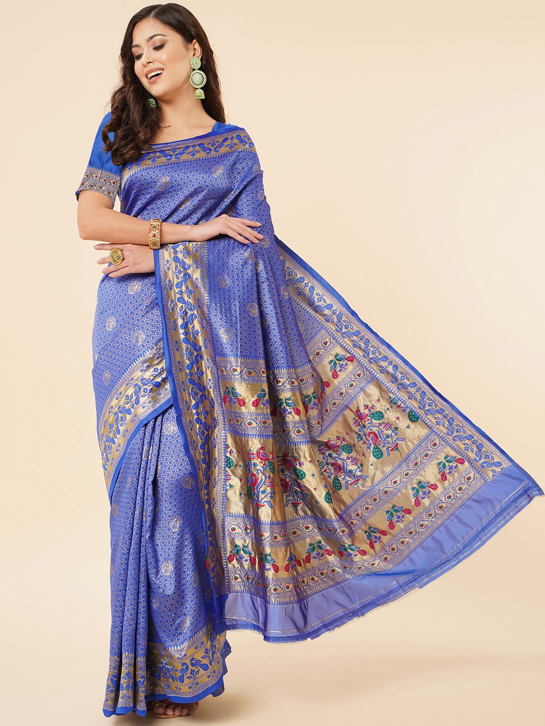 

TEREZA Ethnic Motif Pure Silk Paithani Zari Saree With Blouse Piece, Blue