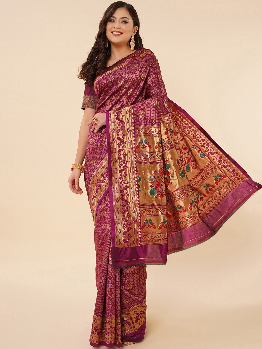 

TEREZA Ethnic Motif Pure Silk Paithani Zari Saree With Blouse Piece, Magenta