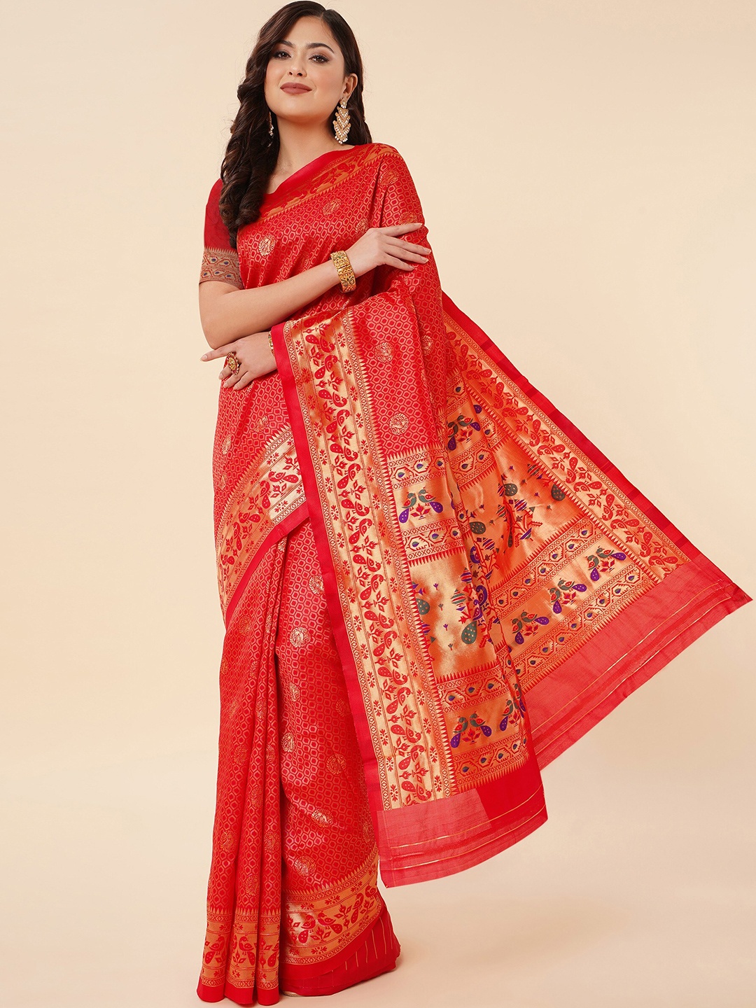 

TEREZA Ethnic Motif Pure Silk Paithani Zari Saree With Blouse Piece, Red
