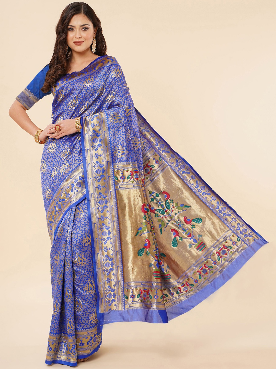 

TEREZA Floral Woven Design Zari Pure Silk Paithani Saree, Blue