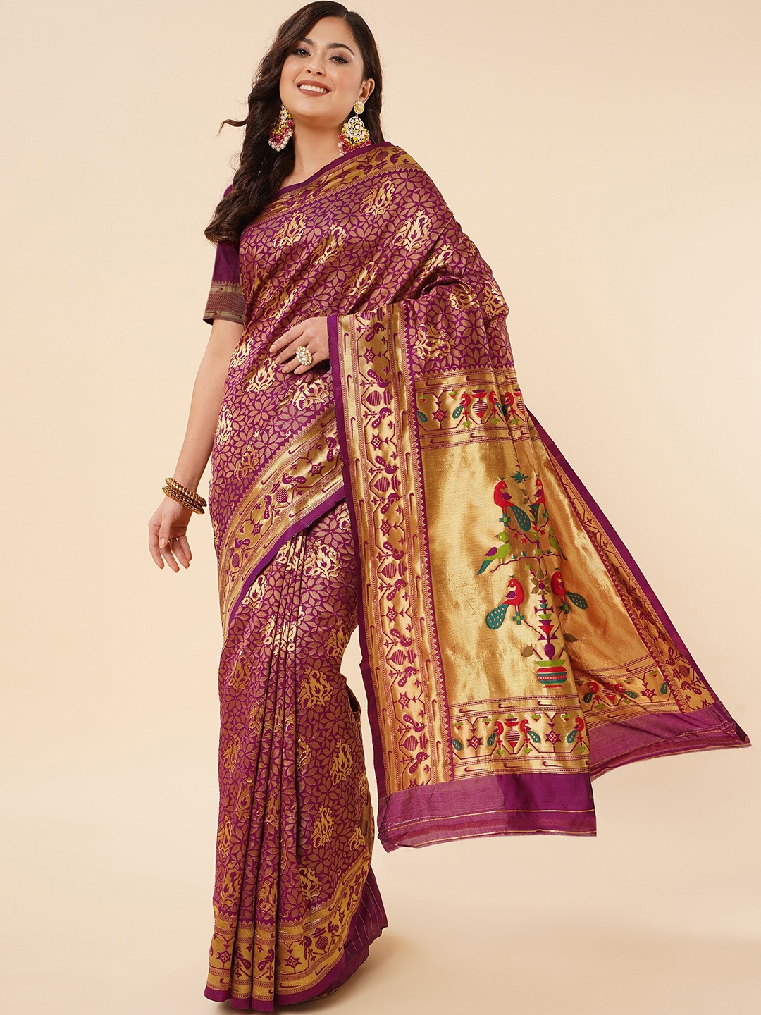 

TEREZA Ethnic Motifs Woven Design Zari Pure Silk Paithani Saree, Magenta