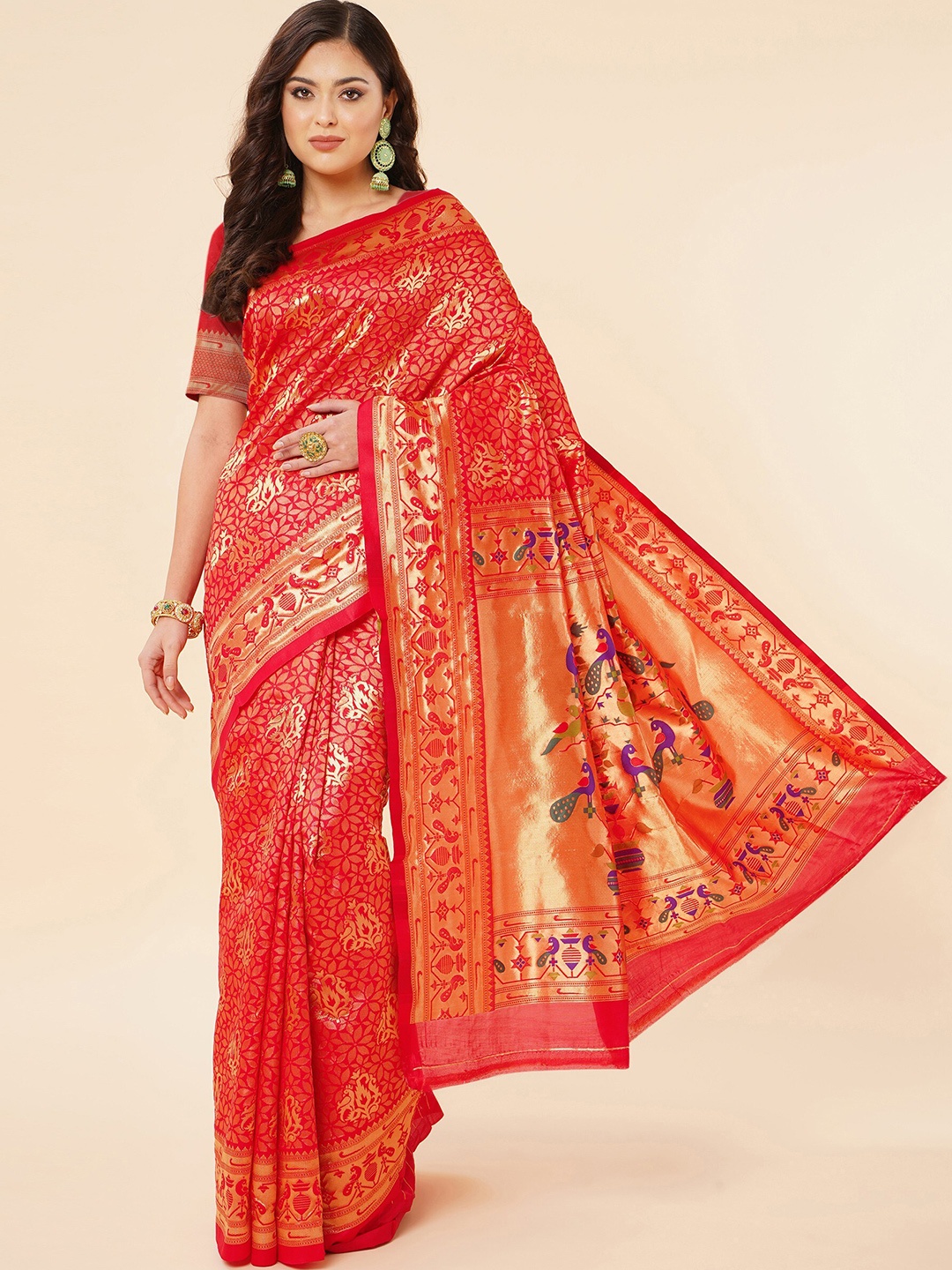 

TEREZA Ethnic Motif Woven Design Zari Pure Silk Paithani Saree, Red