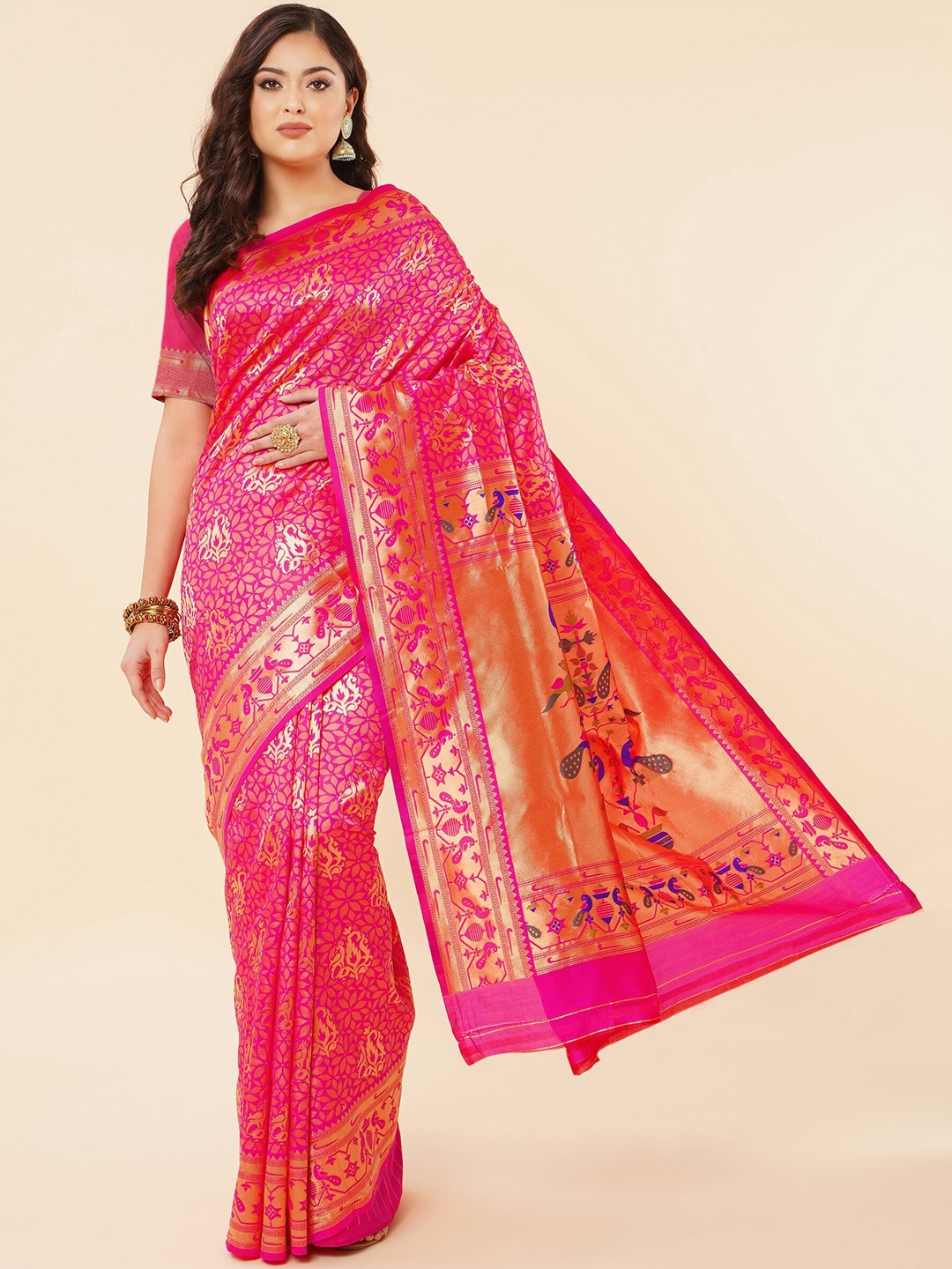 

TEREZA Ethnic Motif Pure Silk Paithani Zari Saree With Blouse Piece, Pink