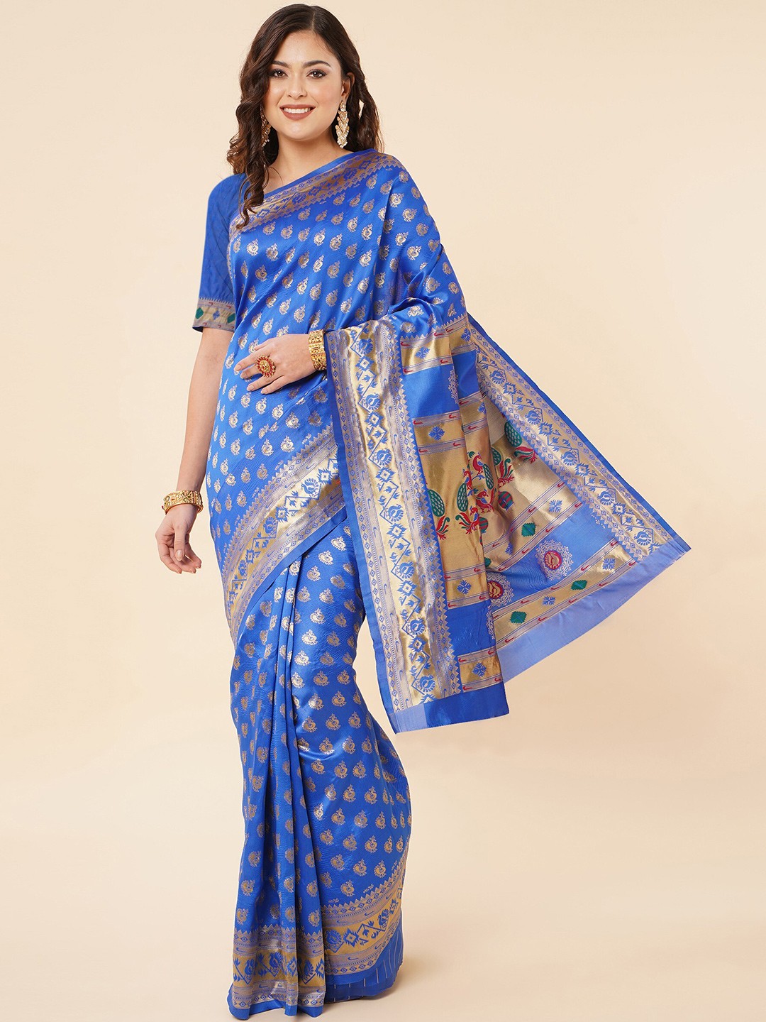 

TEREZA Ethnic Motif Woven Design Zari Pure Silk Paithani Saree, Blue