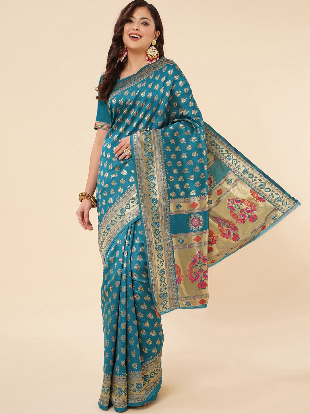 

TEREZA Ethnic Motif Woven Design Zari Pure Silk Paithani Saree, Blue