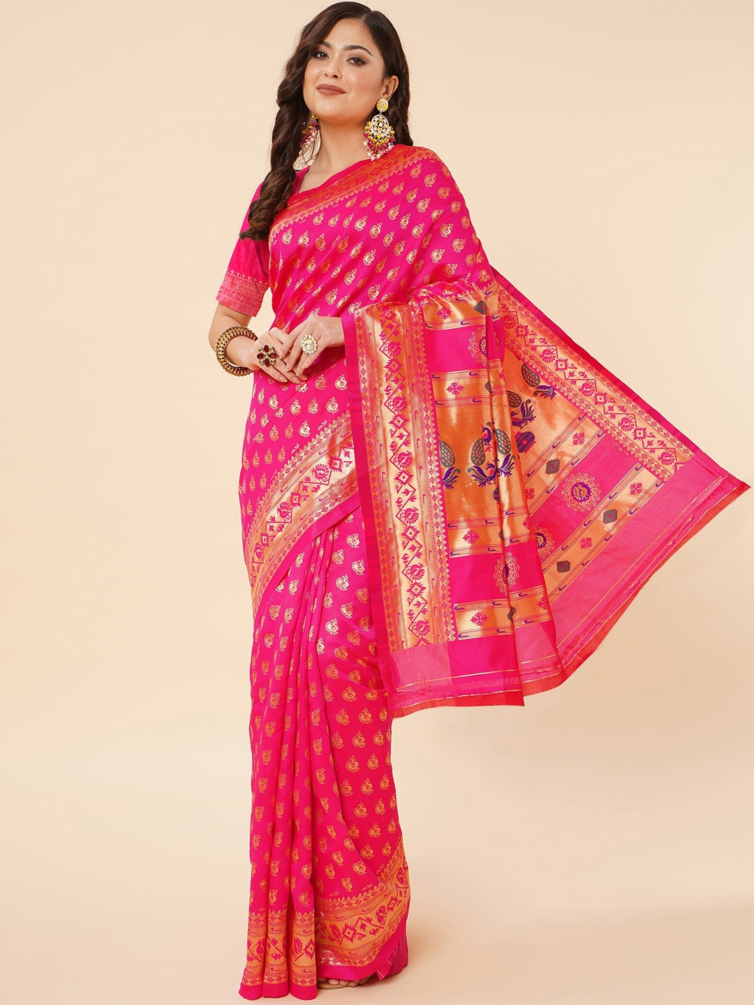 

TEREZA Ethnic Motif Woven Design Zari Pure Silk Paithani Saree, Pink