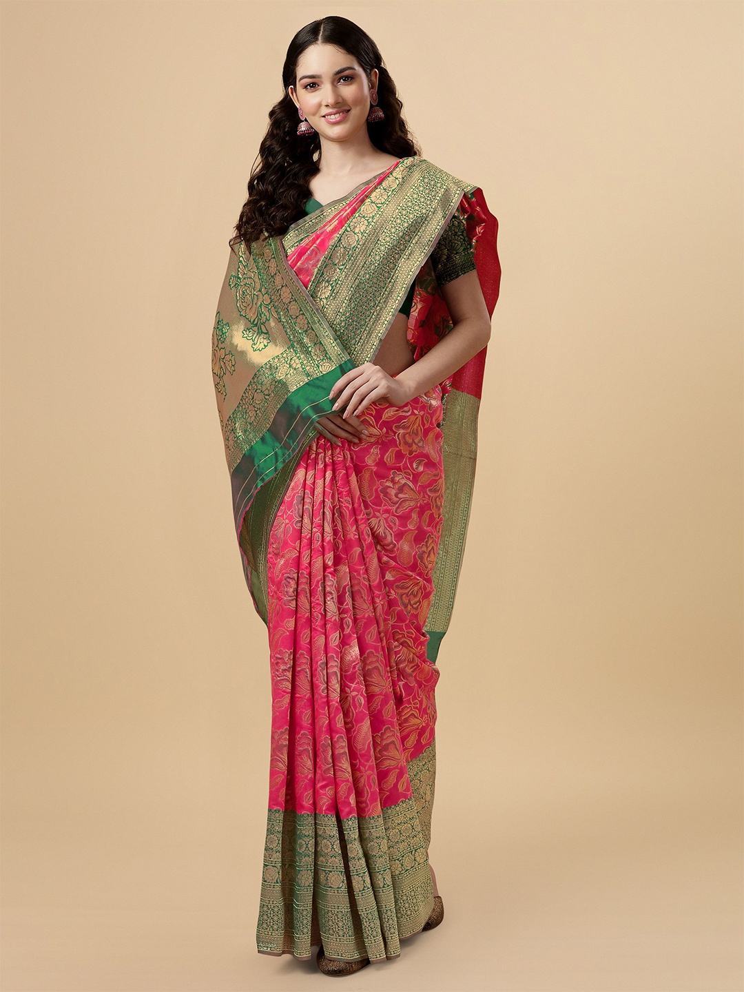 

TEREZA Floral Pure Silk Banarasi Zari Saree With Blouse Piece, Pink