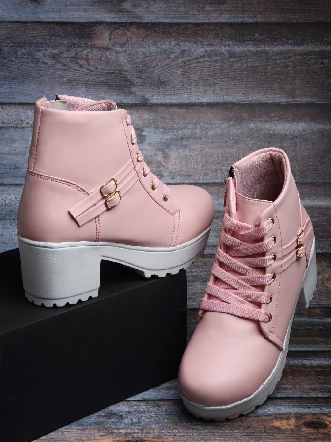 

AROOM Women Buckled Heeled High-Top Sneakers, Pink