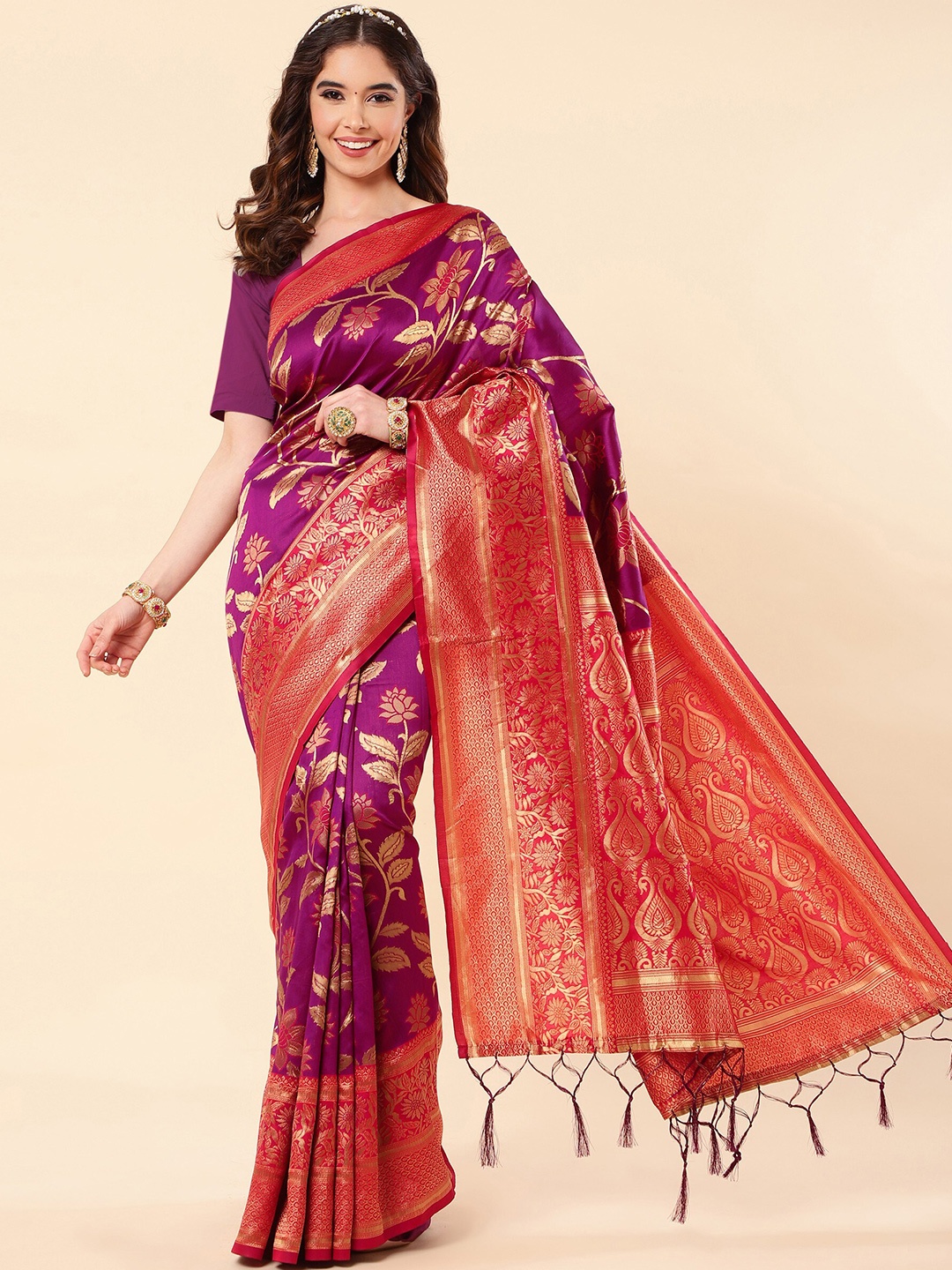

TEREZA Floral Pure Silk Kanjeevaram Zari Saree With Blouse Piece, Purple
