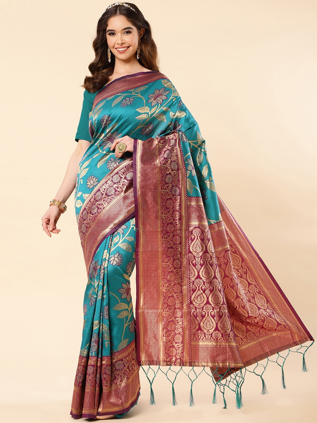 

TEREZA Woven Design Zari Pure Silk Kanjeevaram Saree, Blue