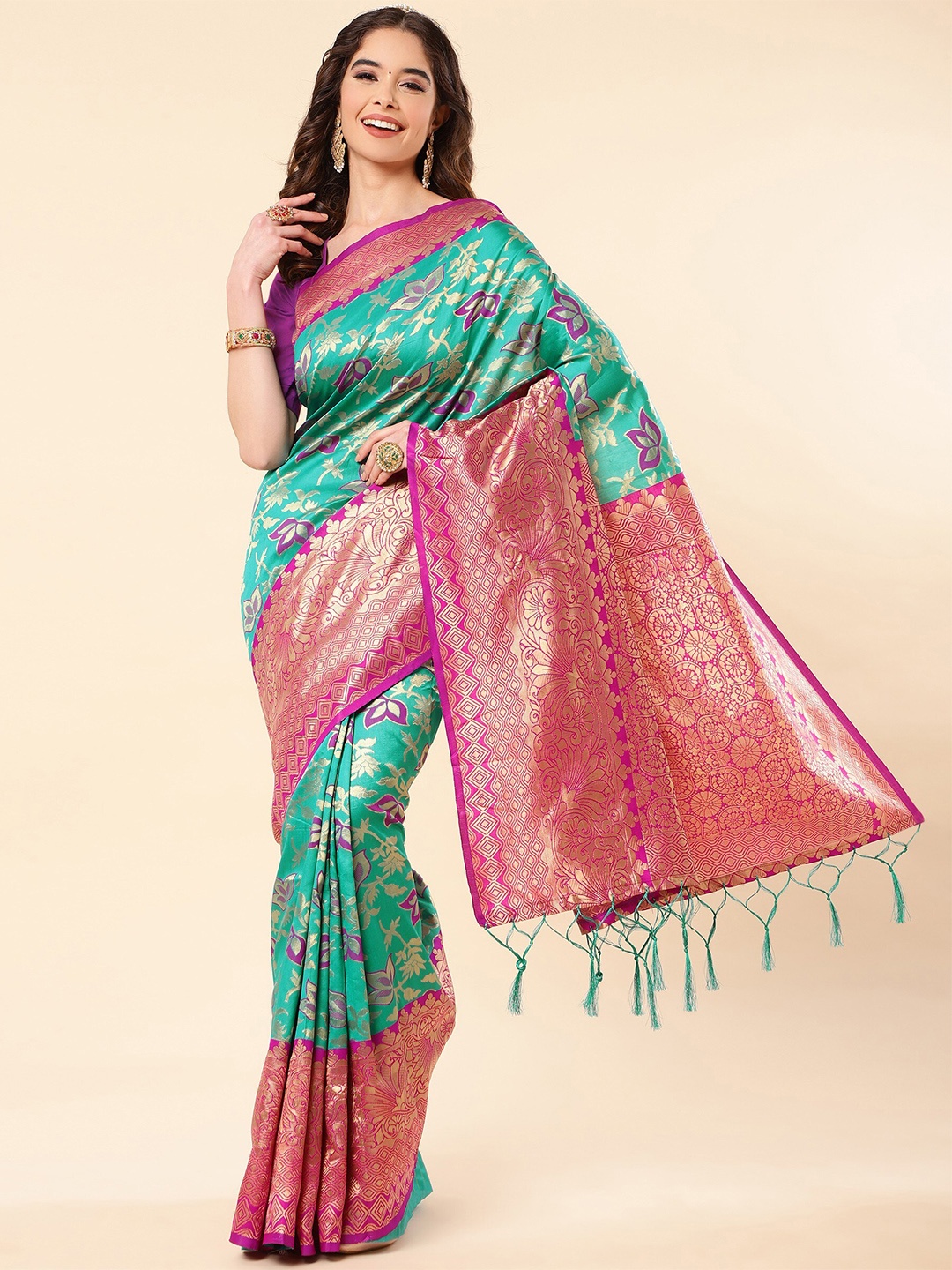 

TEREZA Woven Design Zari Pure Silk Kanjeevaram Saree, Turquoise blue