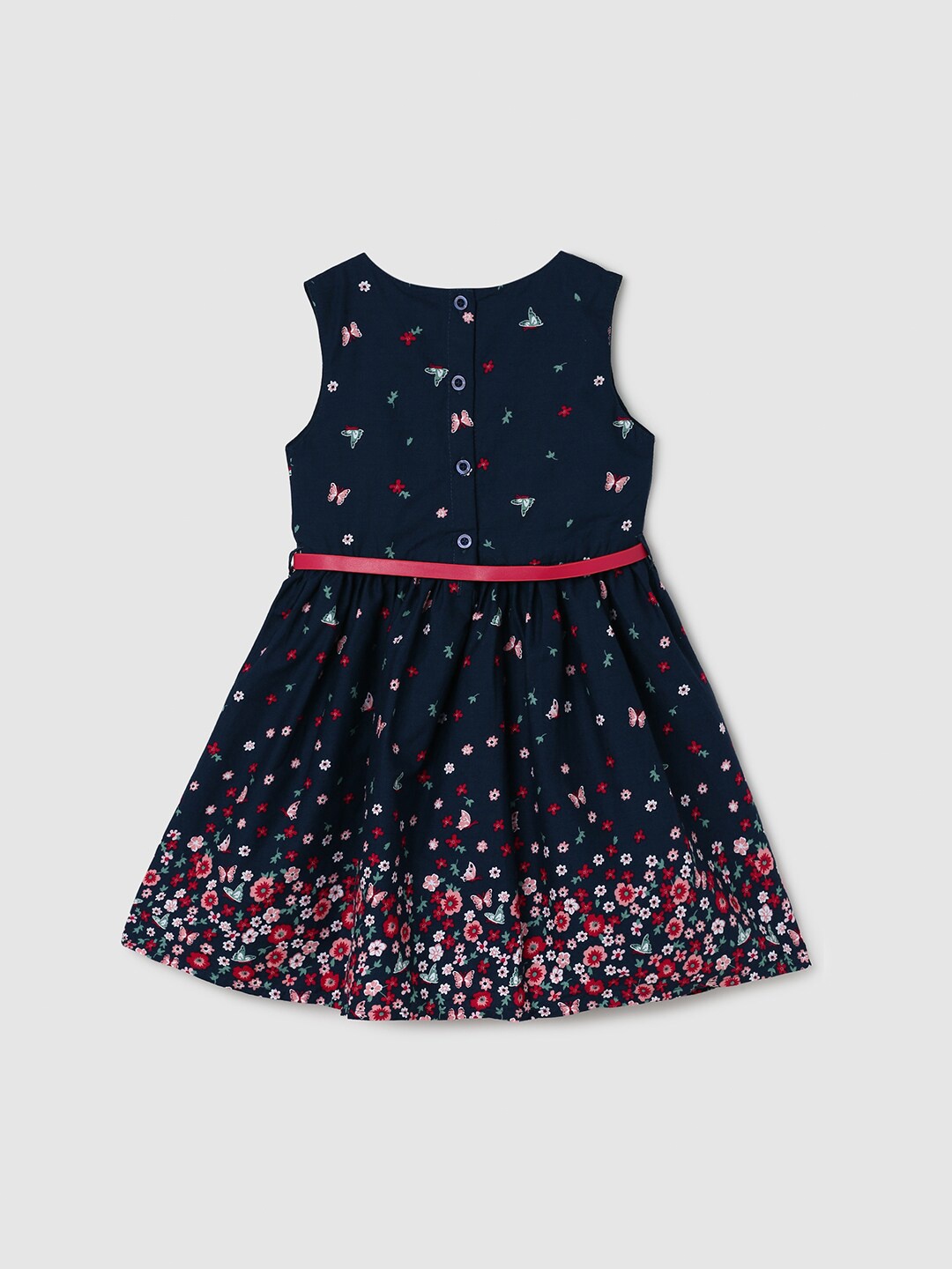 

max Girls Printed Pure Cotton Fit & Flare Dress With Belt, Navy blue