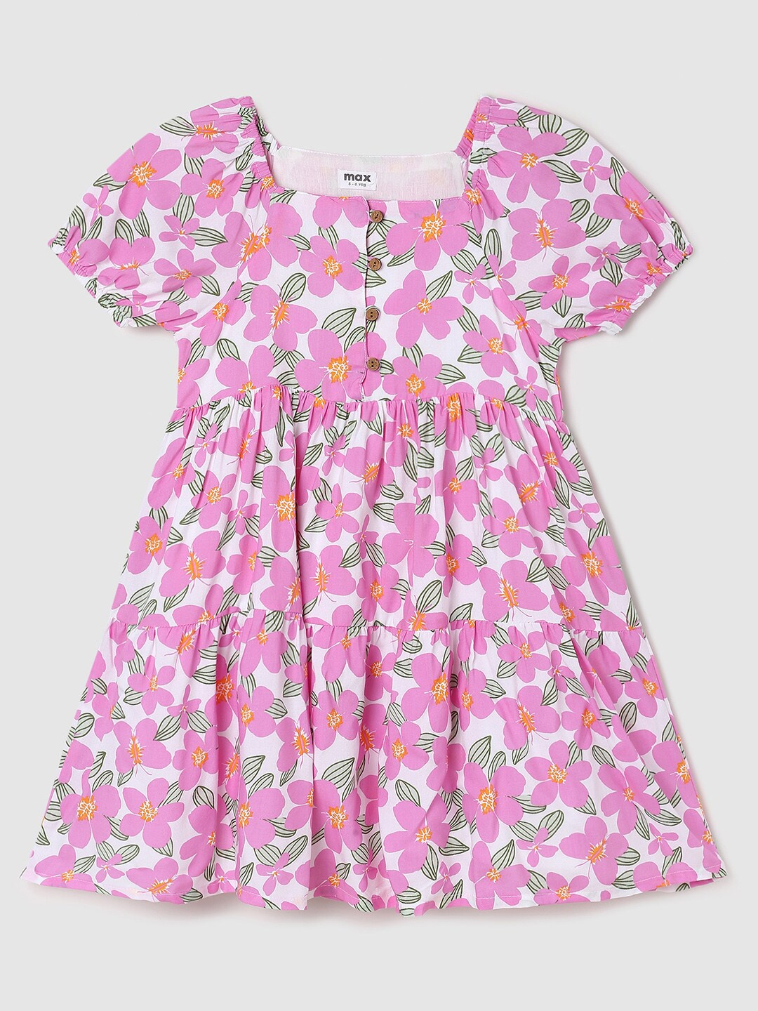 

max Girls Printed Puff Sleeve Fit & Flare Dress, Pink