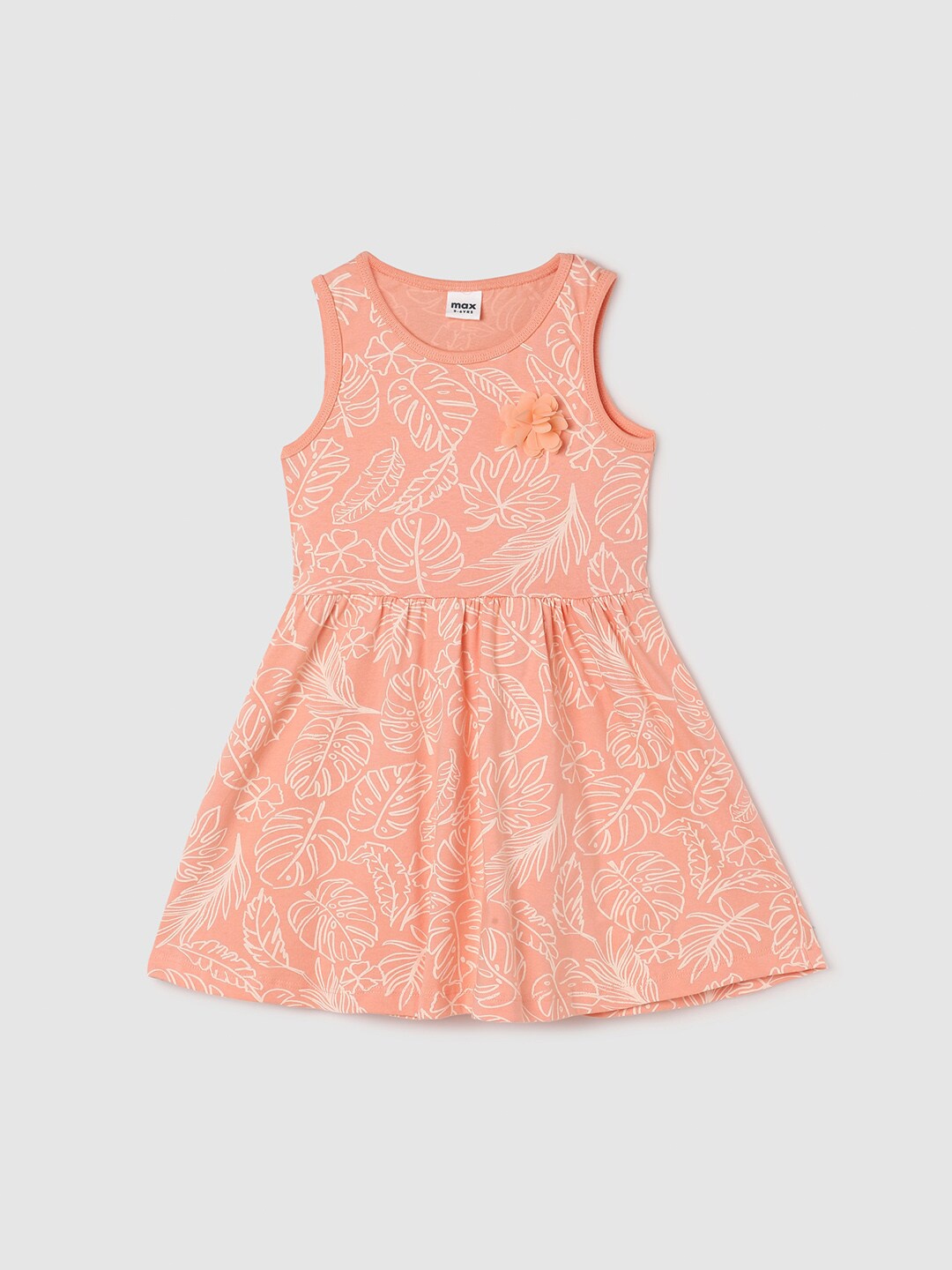 

max Girls Tropical Printed Cotton Fit & Flare Dress, Orange