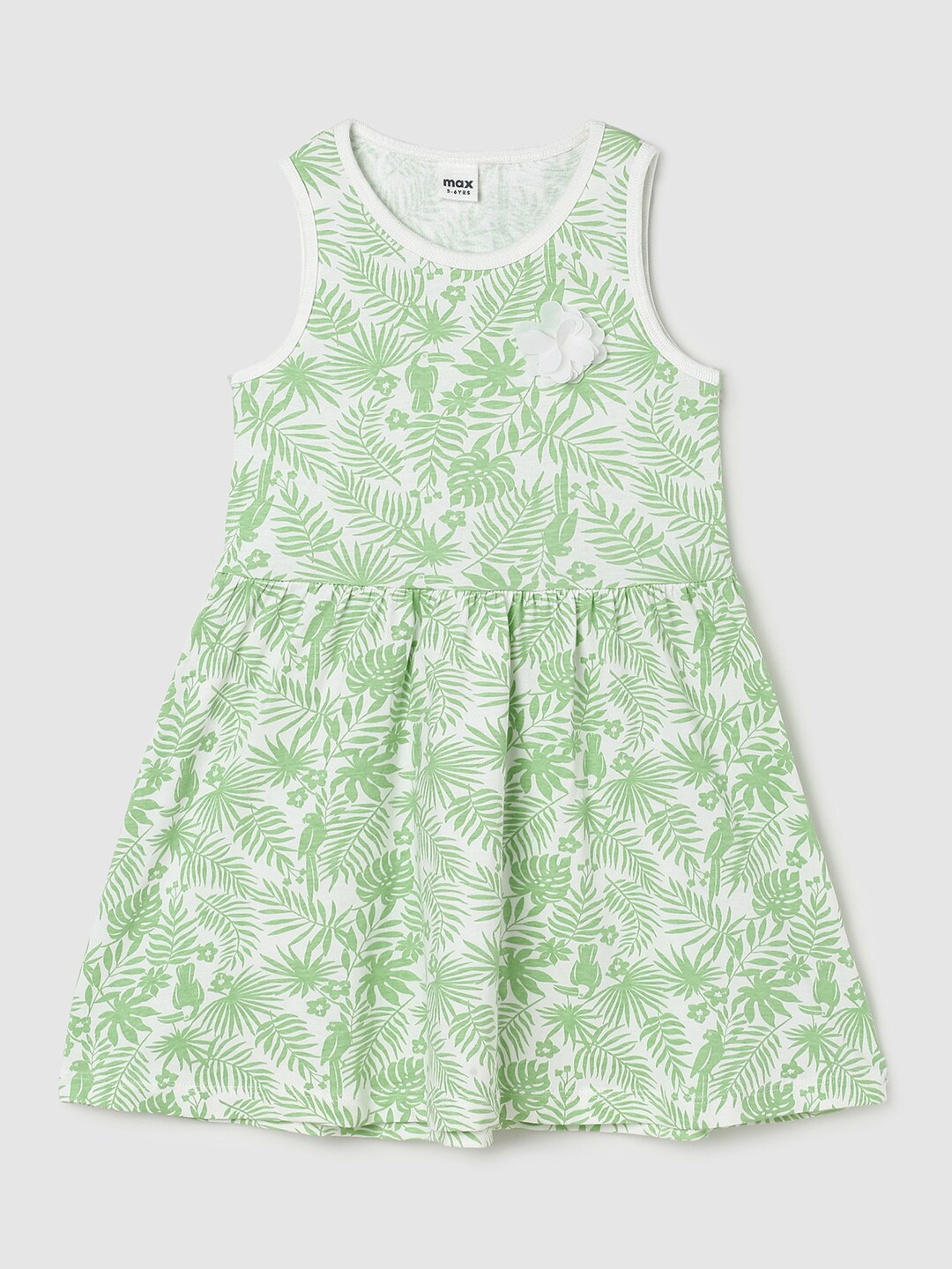 

max Girls Tropical Printed Cotton Fit & Flare Dress, Green