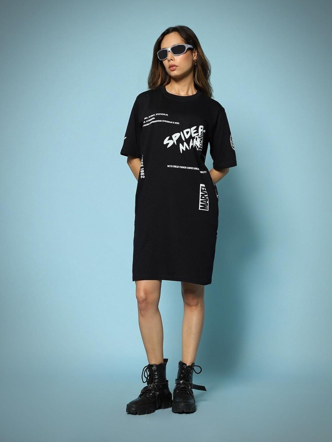 

Bewakoof Plus Marvel Printed Cotton Oversized Fit T-shirt Dress, Black