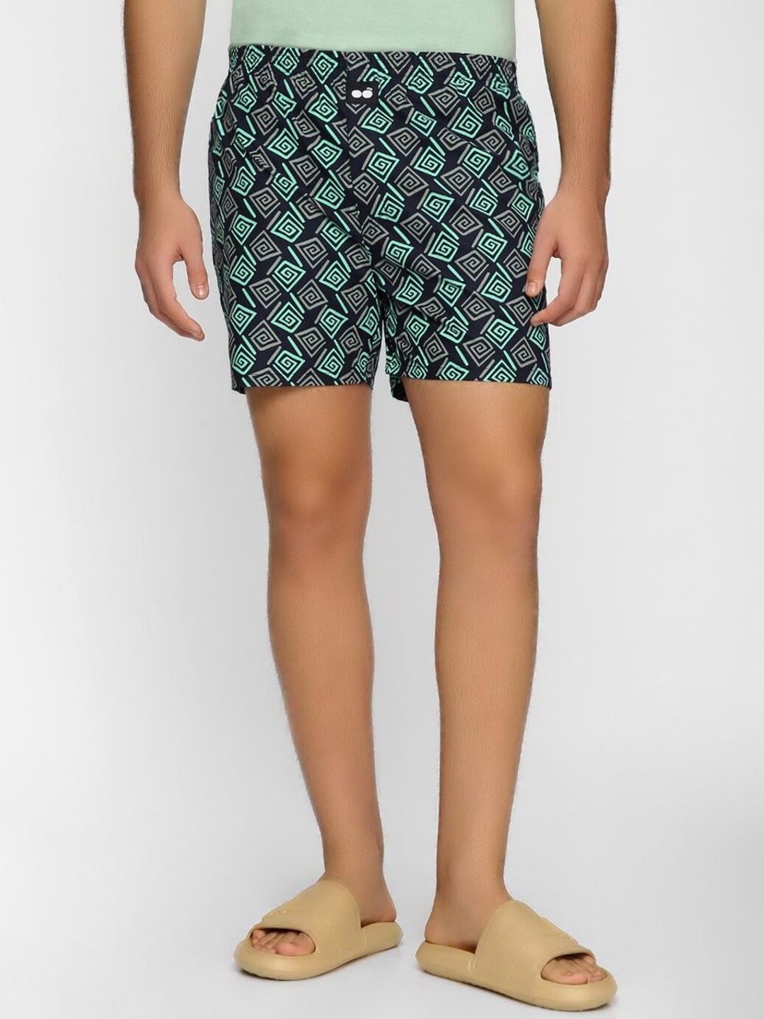 

Bewakoof Men Navy Blue & Green Printed Cotton Boxer