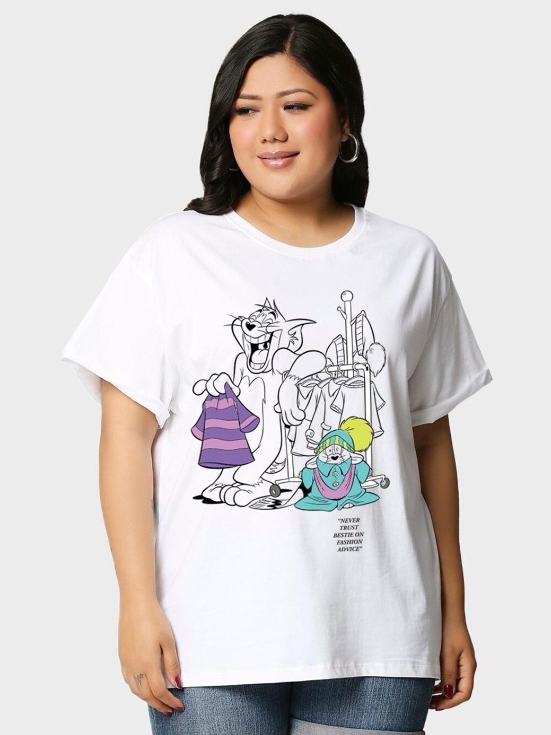 

Bewakoof Plus Tom And Jerry Printed Drop Shoulder Sleeves Loose Fit T-shirt, White