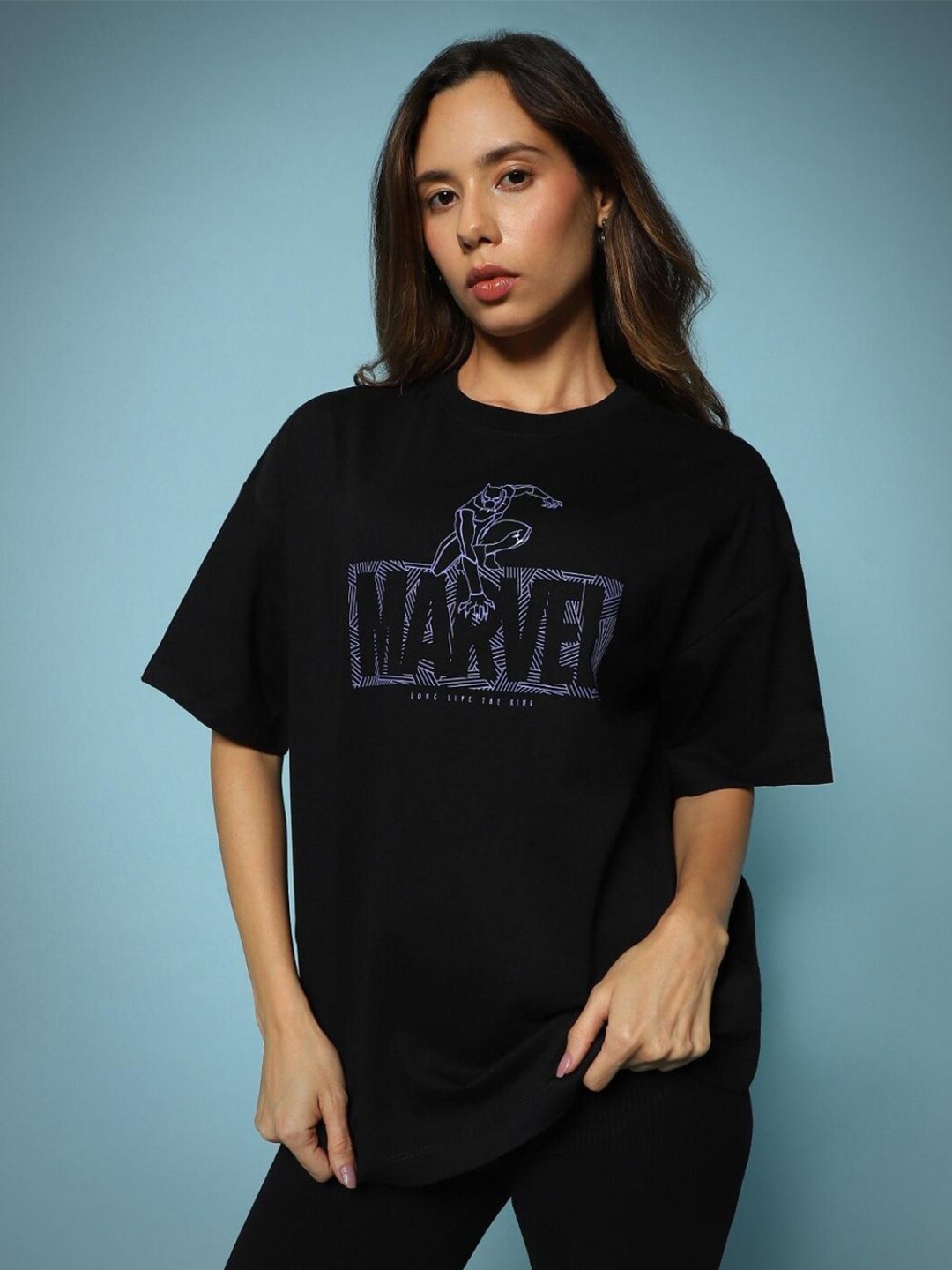 

Bewakoof Plus Typography Printed Cotton Loose T-Shirt, Black