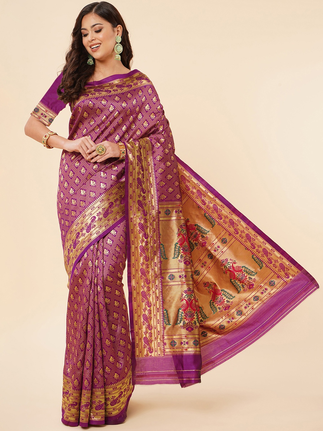 

TEREZA Woven Design Zari Pure Silk Paithani Saree, Magenta