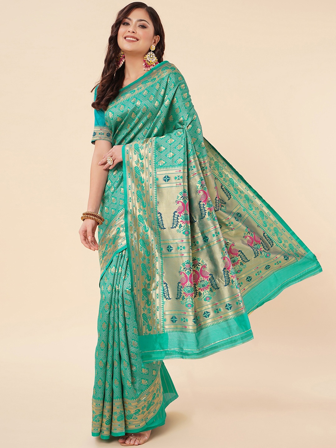 

TEREZA Ethnic Motif Pure Silk Paithani Zari Saree With Blouse Piece, Green